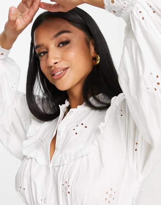 Topshop Petite broderie frill bib mini dress in white, 3 of 4