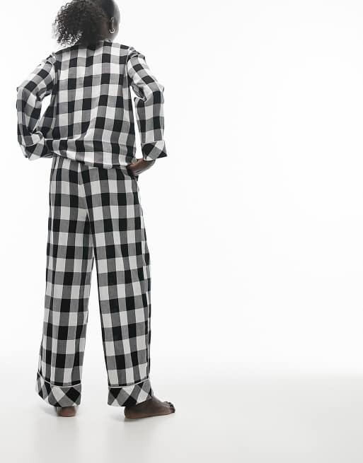 Topshop petite brushed check piped shirt and pants pajama set in monochrome, 3 of 4