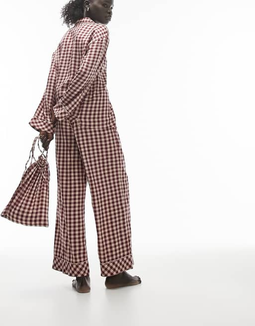 Topshop Petite brushed check piped shirt and trouser pyjama set