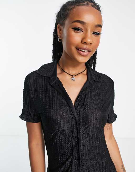 Topshop Petite button down collared textured mini dress in black