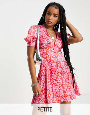 Topshop Petite button down tonal floral rose v neck mini tea dress in pink - ASOS Price Checker