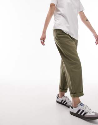 Topshop Petite Button Tab Peg Pants In Khaki-green