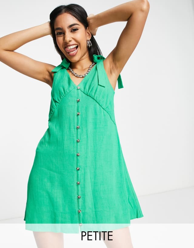 Topshop Petite button through flippy mini dress in linen in green