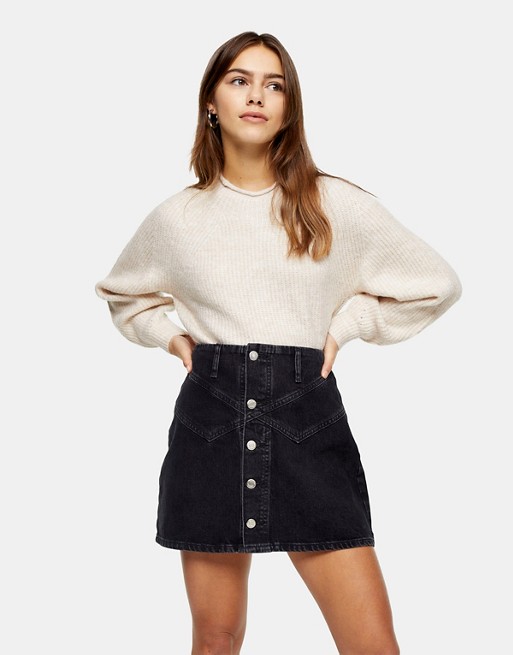 Topshop Petite button up denim skirt in washed black