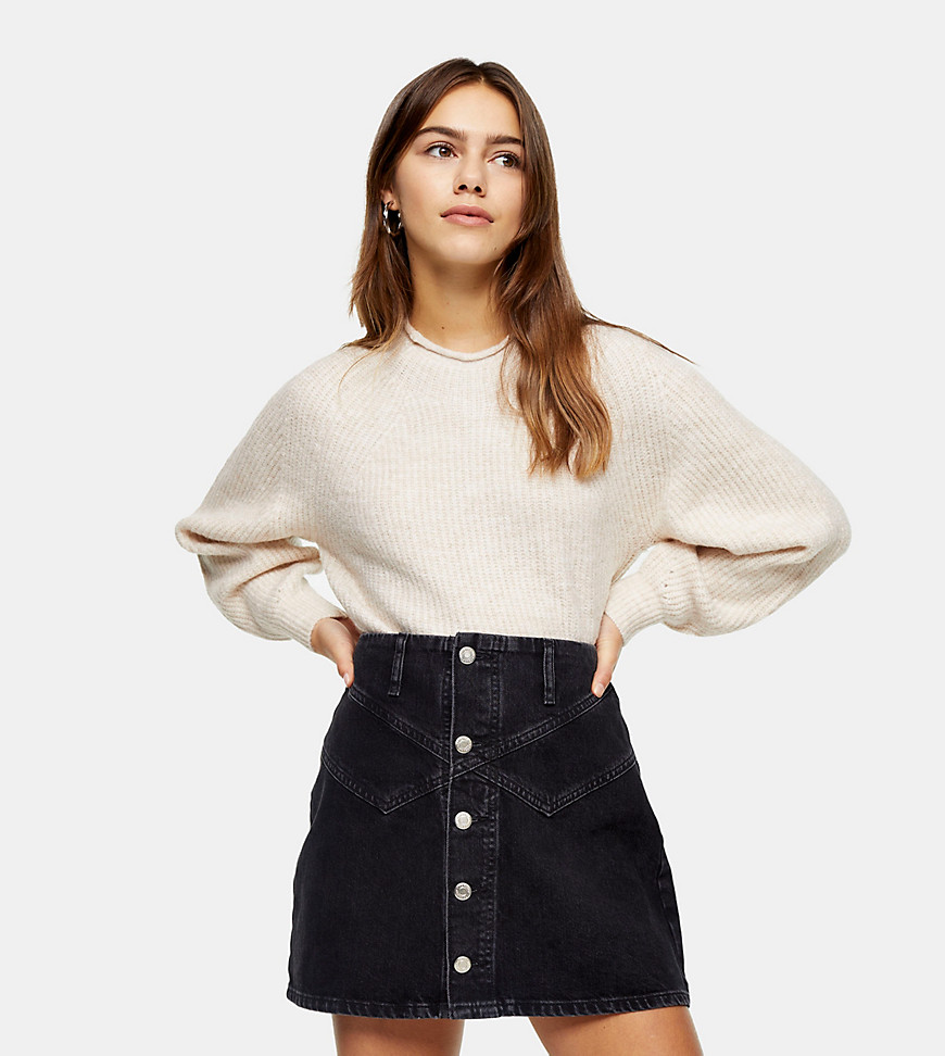 Topshop Petite button up denim skirt in washed black
