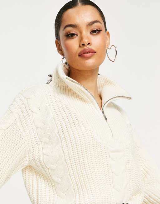 Topshop Petite cable zip up knitted sweatshirt in ecru