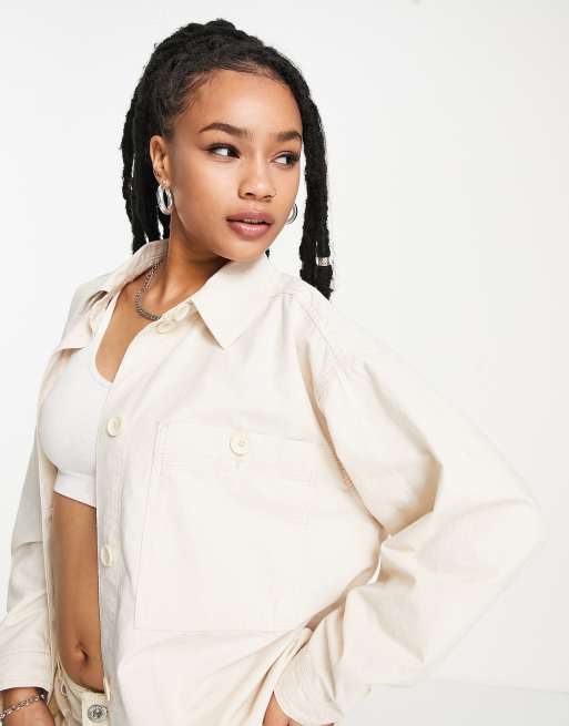 Topshop Petite Camicia giacca oversize in cotone leggero écru ASOS