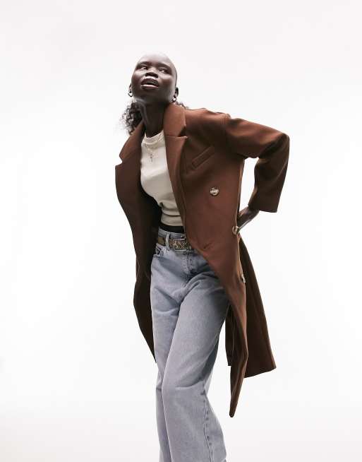 Topshop Petite - Cappotto doppiopetto color cioccolato
