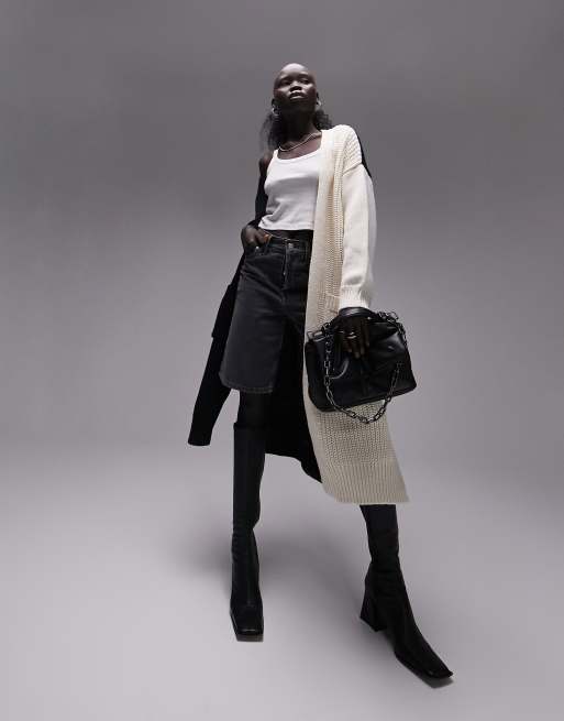 Topshop Petite - Cardigan lungo in maglia color pietra con cuciture a contrasto