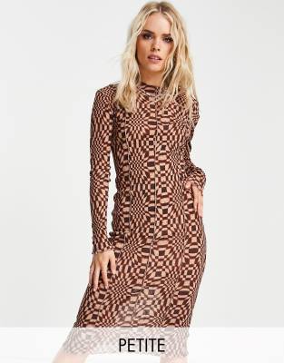 Petite Checkerboard Mesh Jersey Midi Dress With Seams In Multi