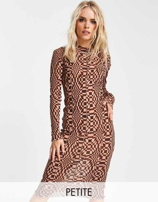 Topshop Petite checkerboard mesh jersey midi dress with seams in Multi