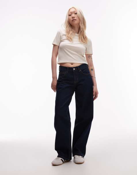 Topshop Petite Cinch low rise relaxed jean in raw look indigo - view 1
