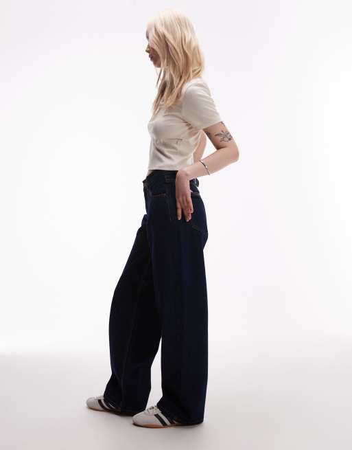 Topshop Petite Cinch low rise relaxed jean in raw look indigo , 2 of 5