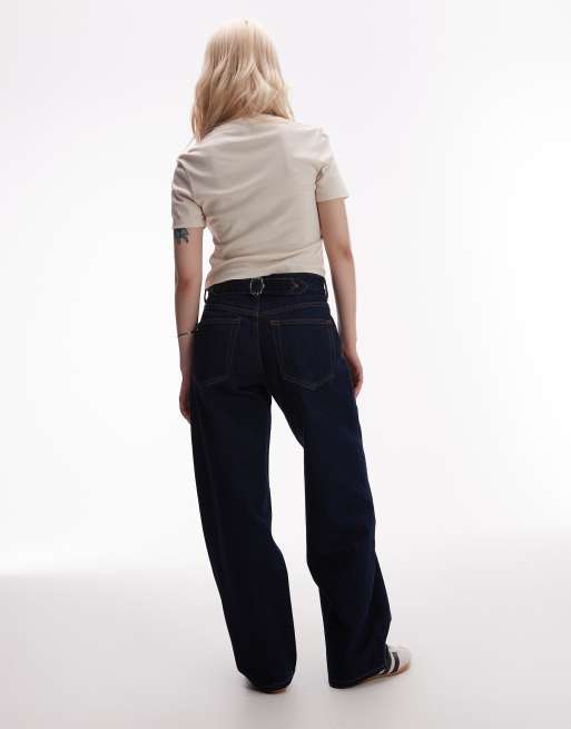 Topshop Petite Cinch low rise relaxed jean in raw look indigo , 3 of 5
