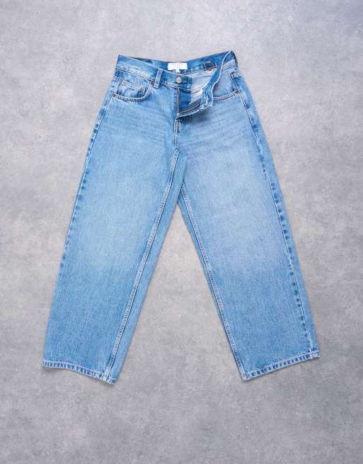 Topshop Petite cinch low rise relaxed jeans in mid blue, 6 of 7