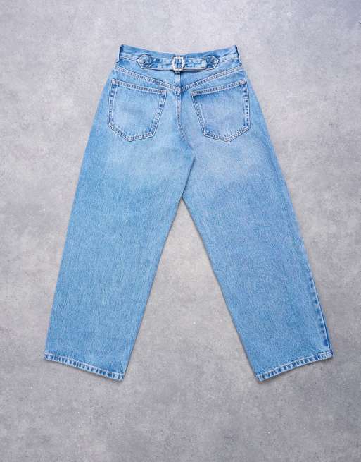 Topshop Petite cinch low rise relaxed jeans in mid blue, 7 of 7