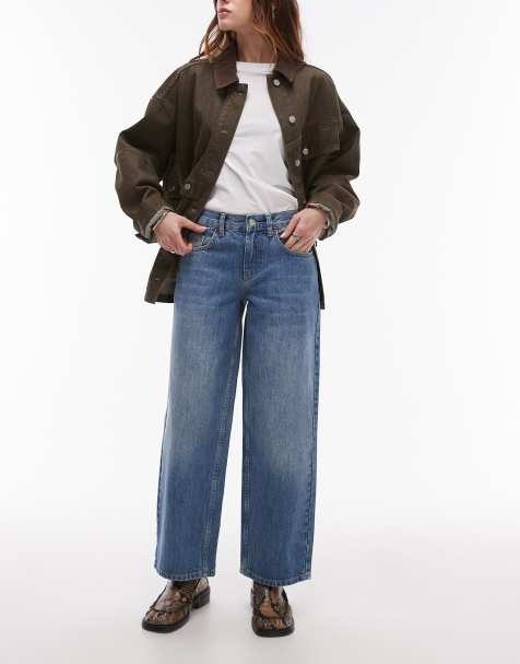 Topshop Petite Cinch low rise relaxed jeans in mid blue - view 1
