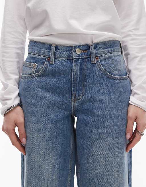 Topshop Petite Cinch low rise relaxed jeans in mid blue, 2 of 5