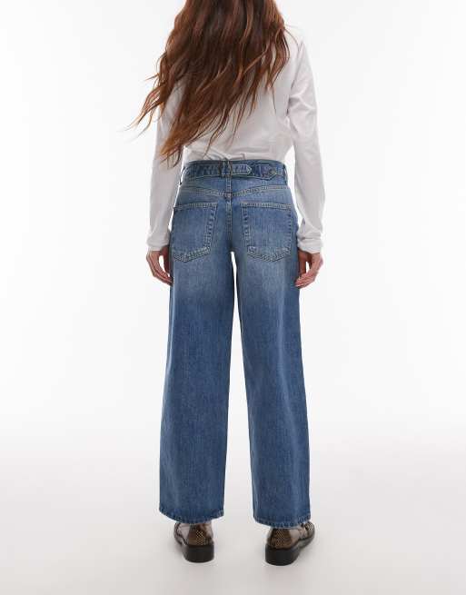 Topshop Petite Cinch low rise relaxed jeans in mid blue, 3 of 5