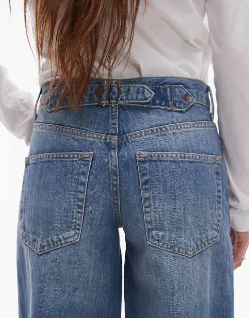 Topshop Petite Cinch low rise relaxed jeans in mid blue, 4 of 5