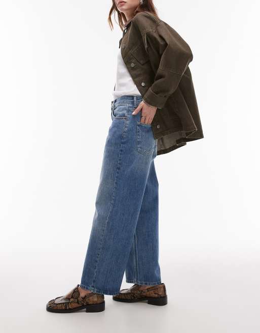 Topshop Petite Cinch low rise relaxed jeans in mid blue, 5 of 5