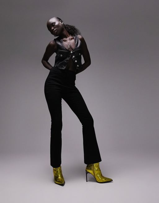 Topshop Petite clean high waist bengaline flare pants in black