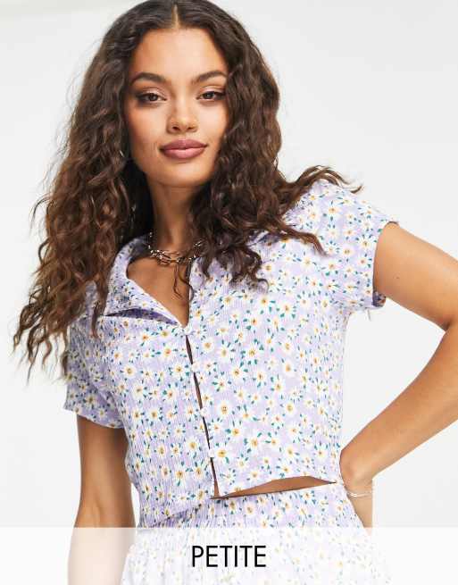 Topshop Petite co ord crinkle printed shirt in daisy print | ASOS