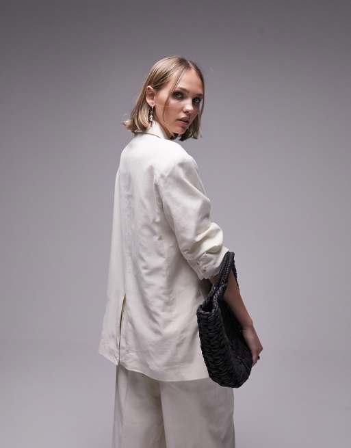 Topshop Petite co-ord linen-blend single breasted blazer in oatmeal, 4 of 4