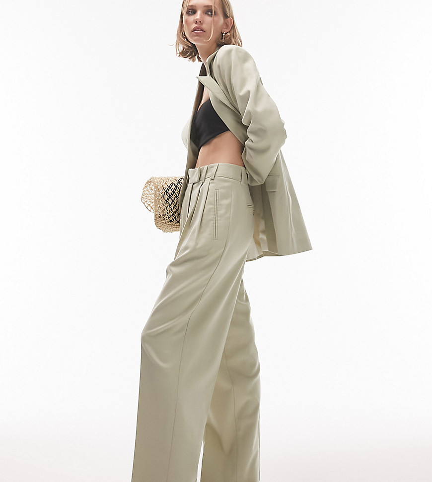 Topshop Petite co-ord straight tailored trousers in sage-Green