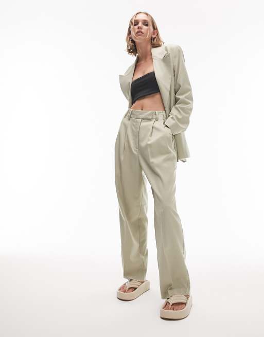 Topshop Petite co ord straight tailored trousers in sage