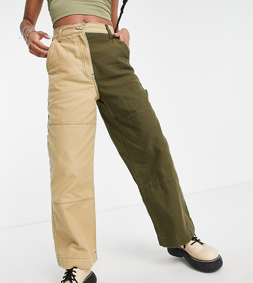 Topshop Petite contrast straight leg pants in khaki and stone - part of a set-Multi