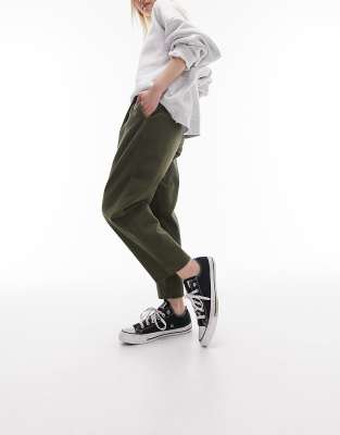 Topshop Petite cord peg pants in khaki-Green