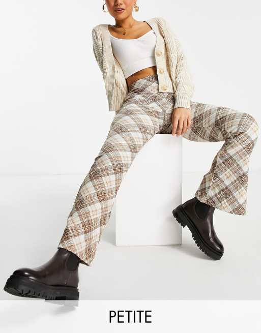 Topshop Petite crinkle check print flared trousers in cream