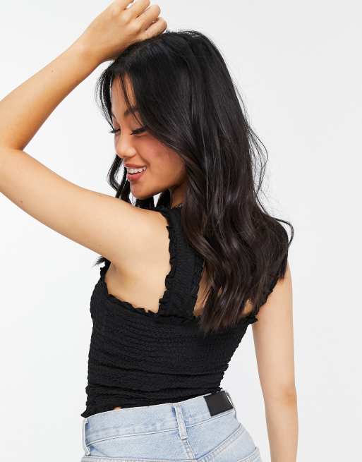 Topshop Petite crinkle frill tank top in black, 2 of 4