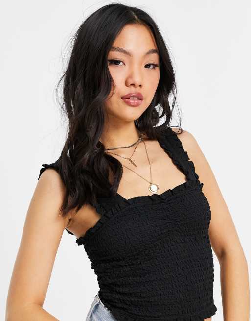 Topshop Petite crinkle frill tank top in black, 3 of 4