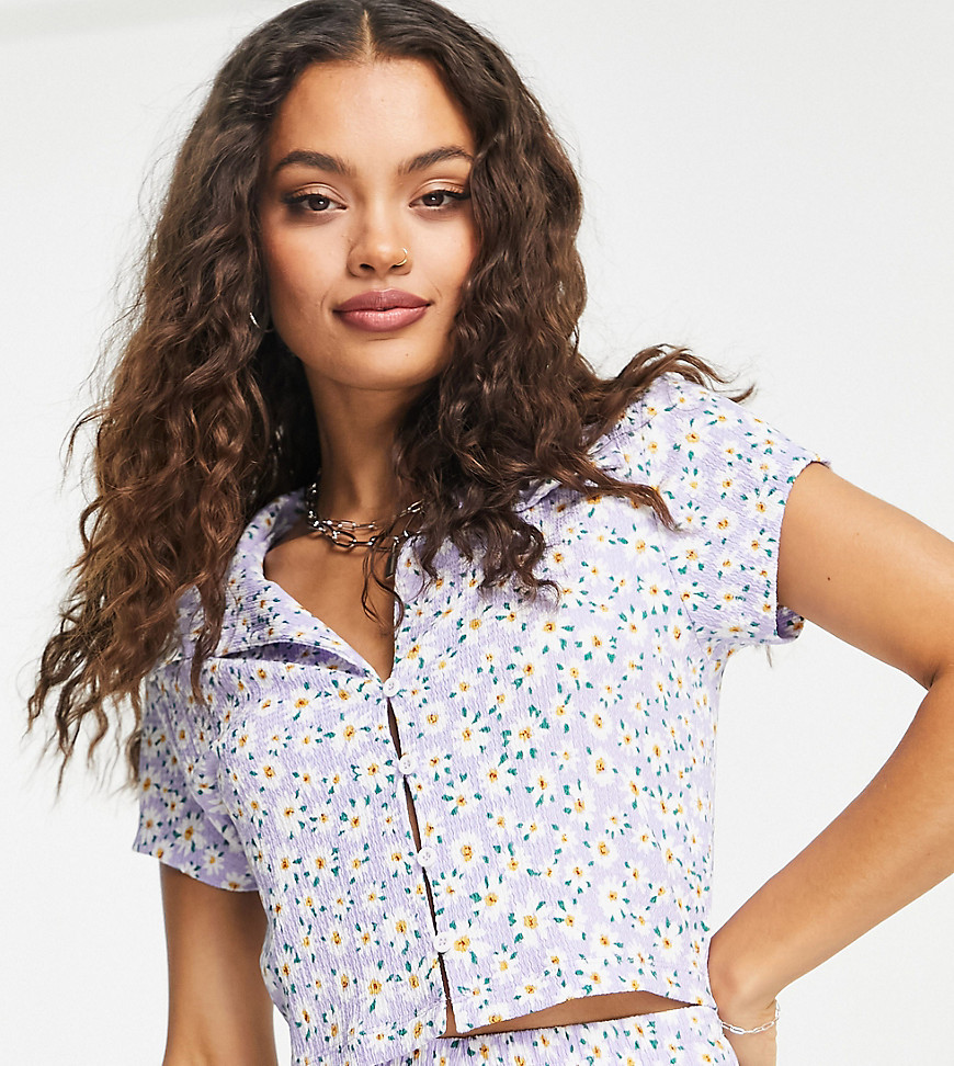 Topshop Petite crinkle printed shirt in daisy print - part of a set-Multi