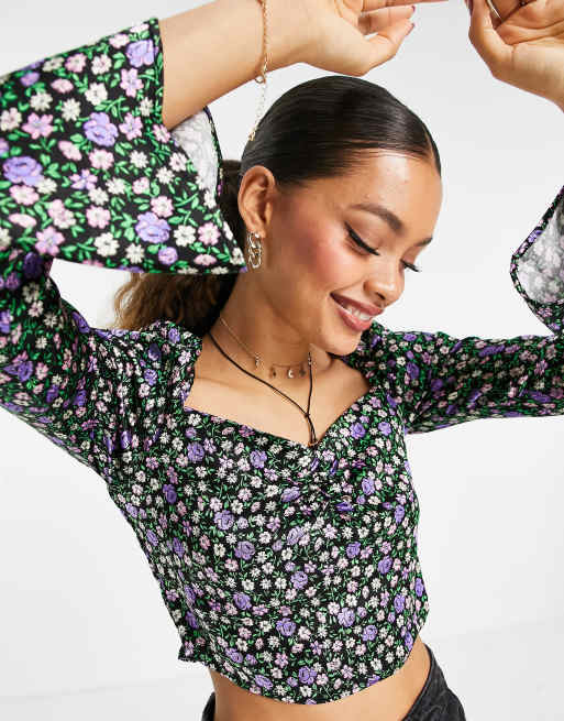 Topshop Petite - Crop top in raso a fiori multicolore 