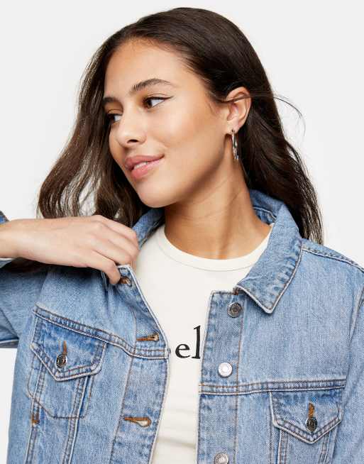 Topshop Petite - Cropped denimjakke i blå mellemvask, 3 af 4