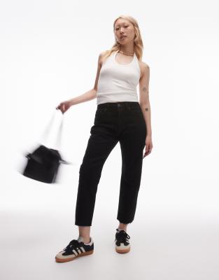 cropped mid rise straight jeans with raw hems in black