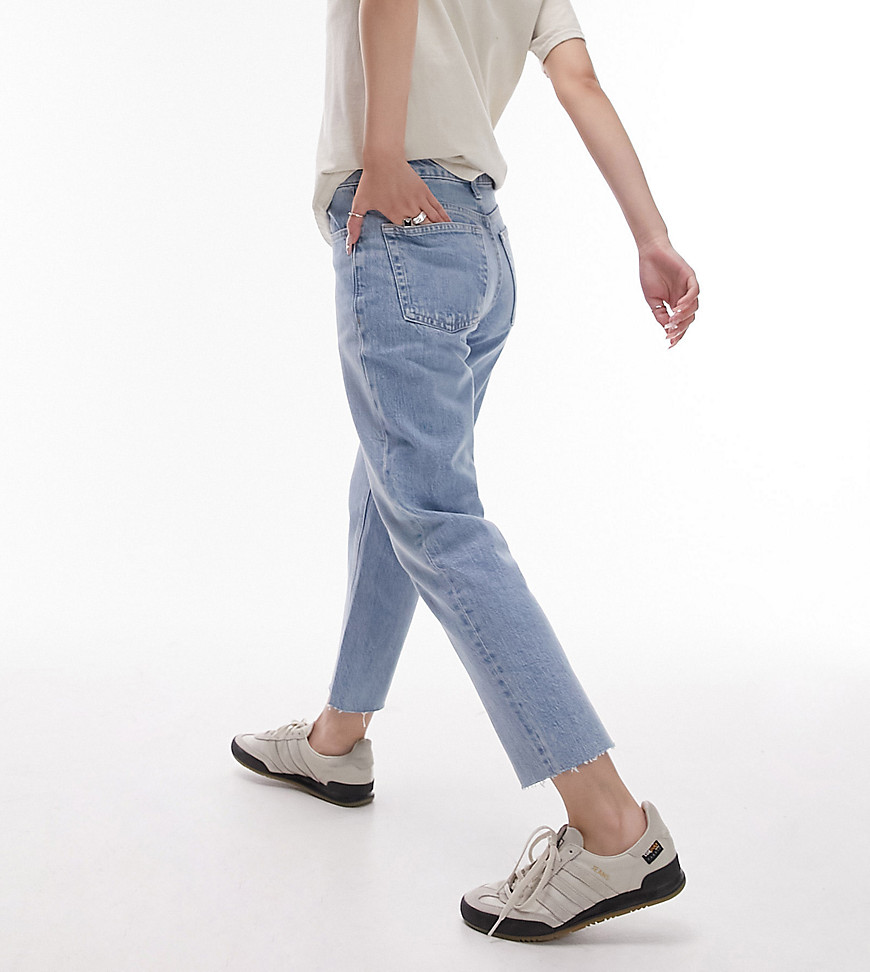 Topshop Petite cropped mid rise straight jeans with raw hems in bleach-Blue