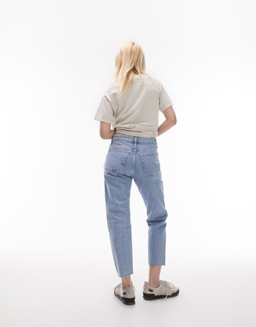 Topshop Petite cropped mid rise straight jeans with raw hems in bleach ASOS