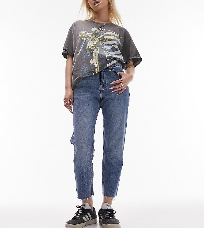 Topshop Petite cropped mid rise straight jeans with raw hems in mid blue