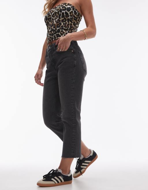 Topshop Petite cropped mid rise straight jeans with raw hems in washed black