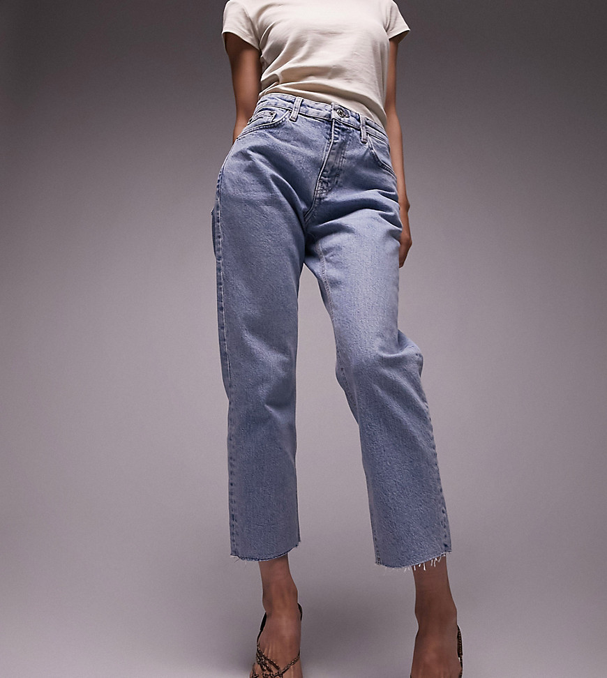 Topshop Petite cropped mid rise with raw hems straight jean in bleach-Blue