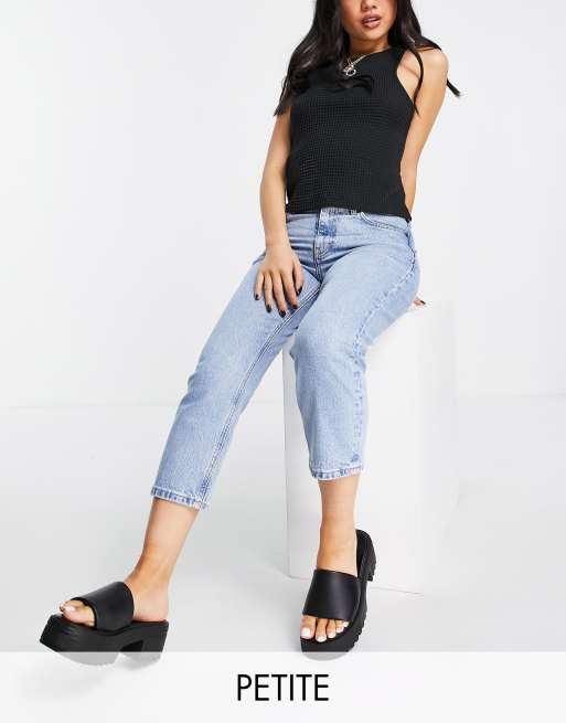 Topshop Petite cropped mid rise with raw hems straight jean in bleach  