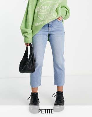Topshop Petite Topshop Petite cropped mid rise with raw hems straight jean in mid blue