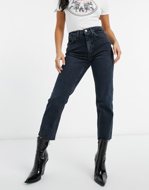 Topshop Petite cropped mid rise with raw hems straight jeans in blue black, 4 of 4
