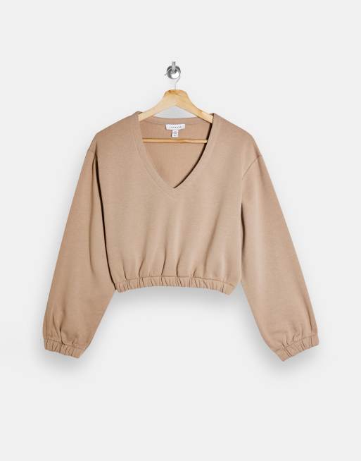 Topshop Petite - Cropped sweatshirt med V-hals i mink, 3 af 4