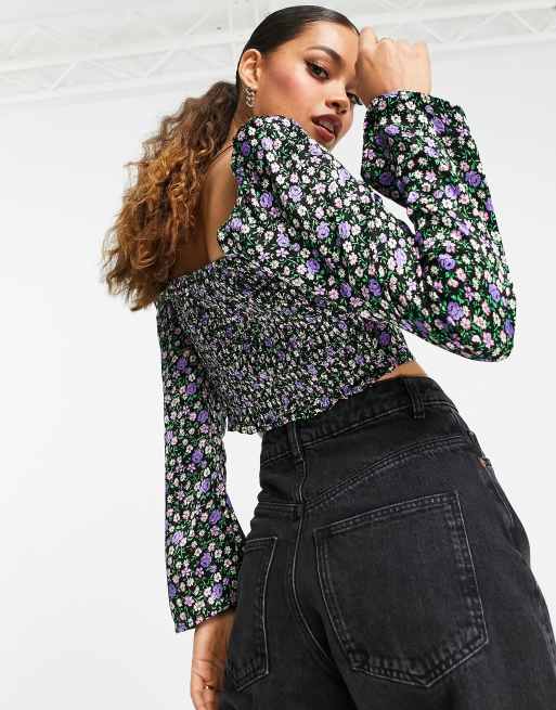 Topshop Petite - Croptop med multifarvet, småblomstret print i satin , 2 af 4