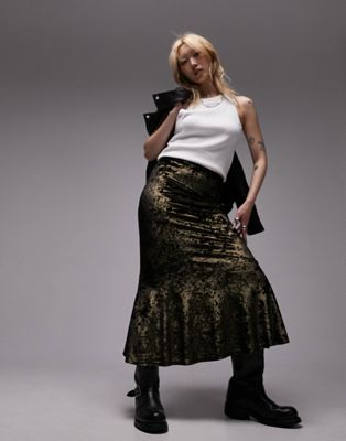 crushed velvet fishtail maxi skirt in metallic gold
